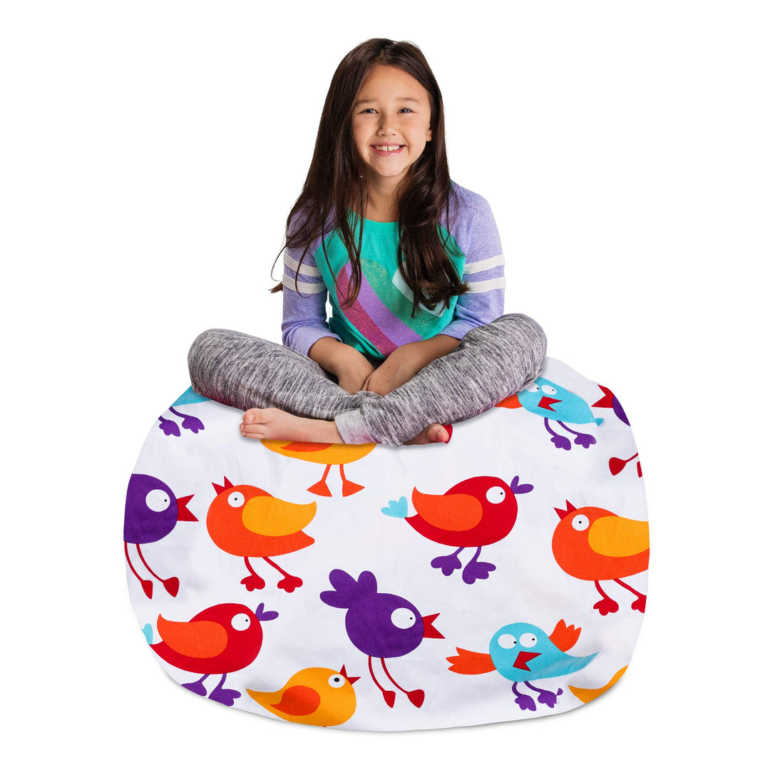 Posh Stuffable Kids Stuffed Animal Storage Bean Bag Chair Cover - Childrens Toy Organizer, Large 38" - Canvas Birds on White