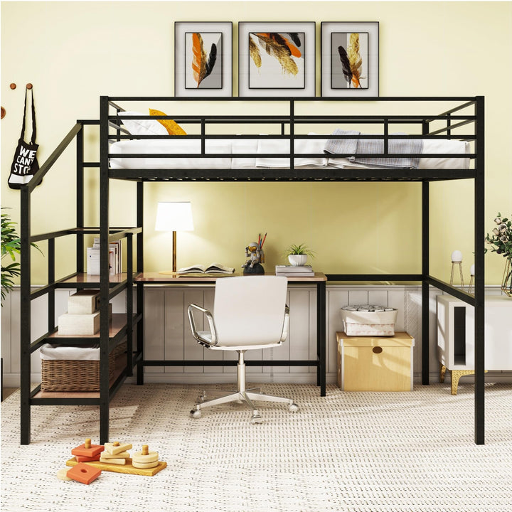 Full Size Loft Bed with Desk Heavy Duty Metal Shelves Frame for Kids