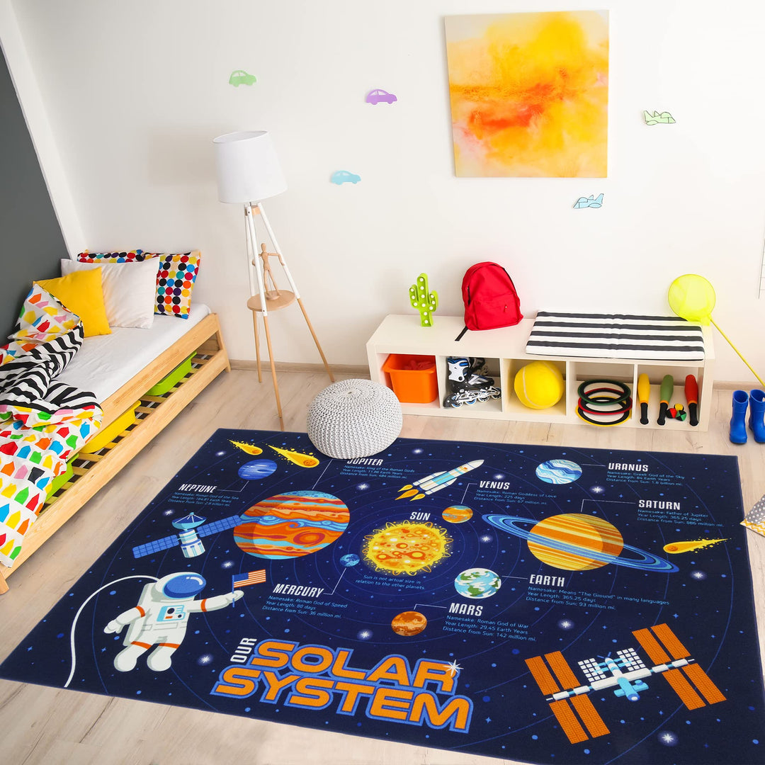 Gertmenian Teach Me Solar System Kids’ Area Rug for Education and Learning | Suitable for Classroom, Bedroom, or Play Area | Ideal for Toddlers, Babies, and Young Children | 6x9ft, Navy Blue 19462