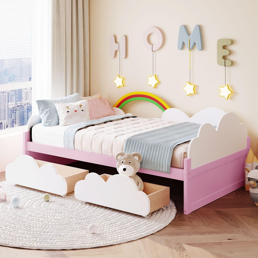 Stylish Design Twin Size Bed Daybed Wood Kids with 2 Drawers Pink