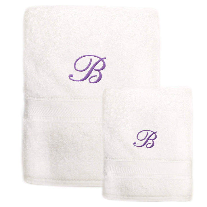 Authentic Hotel and Spa Sweet Kids 2-Piece White Turkish Cotton Bath and Hand Towel Set with Lavender Purple Monogrammed Initial White/Purple t