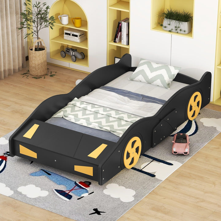 Twin Size Race Car-Shaped Platform Bed with Wheels and Storage