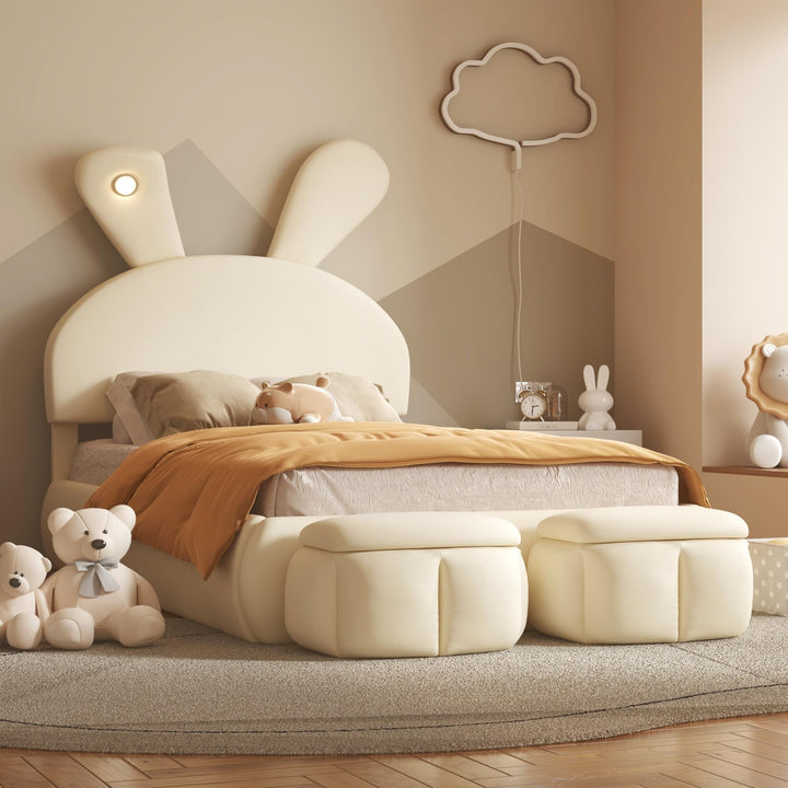 Twin Size Velvet Upholstered Platform Bed W/Cartoon Ears Shaped