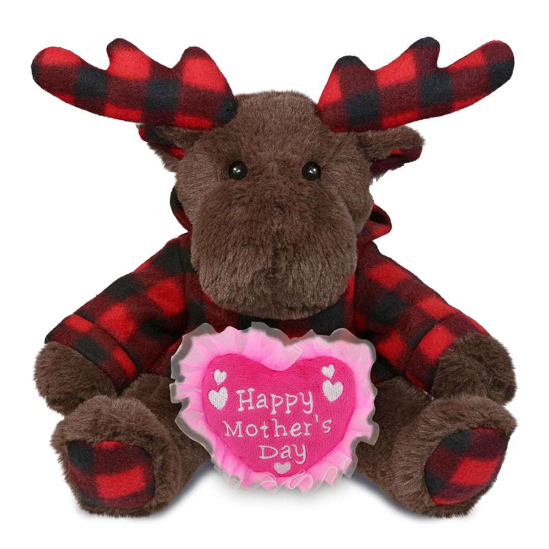 Plush Plaid Brown Moose with Hoodie 10 Inches Black Red Polyester