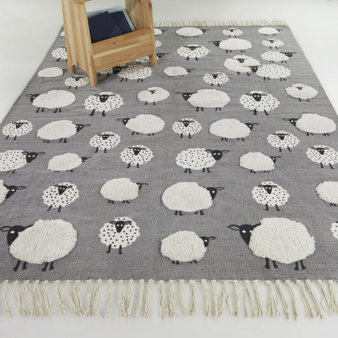 Wooly Kids Sheep Area Rug 5'3" X 7' Black Grey White Animal Novelty