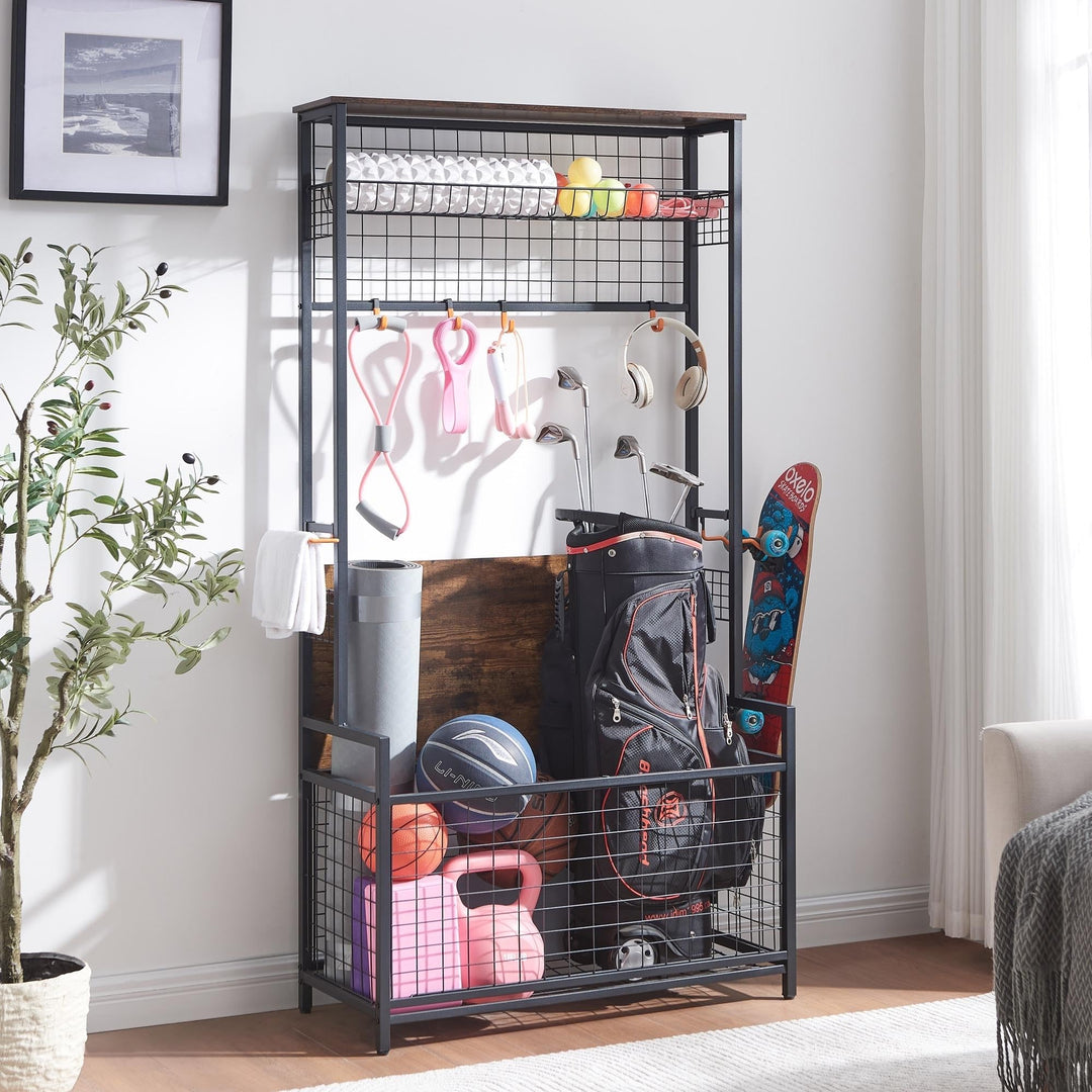 Garage Sports Equipment Organizer Kids Toys Storage Brown Metal Wood