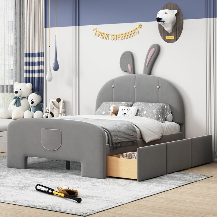 Full Velvet Platform Bed with Bunny Ears Headboard Wooden Frame