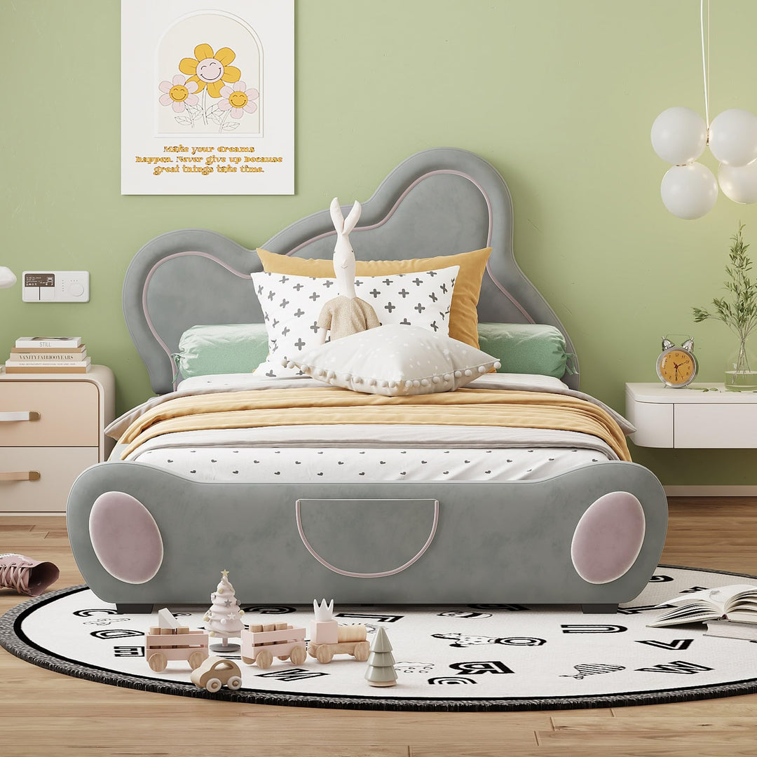 Twin Velvet Platform Bed Frame with Bear-Shaped Headboard Bed-end