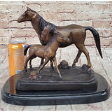 Bronze Sculpture Figurine W/Her Baby Horse Stallion Farm Art Brown