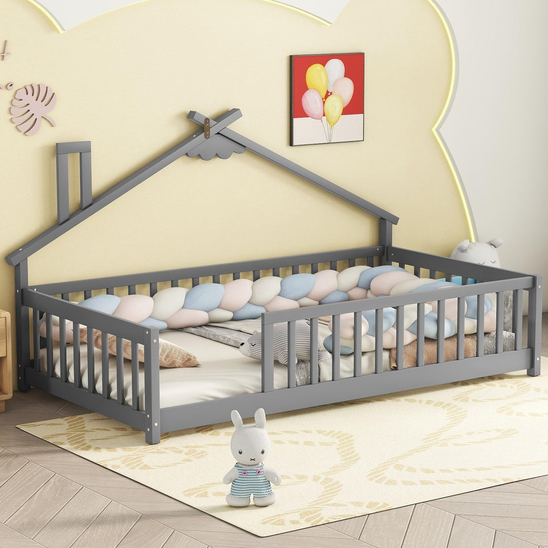 Twin Pine Wood House-Shaped Bedside Floor Bed with Guardrails Kids