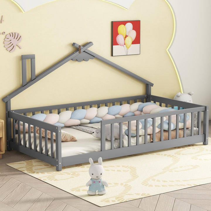 Twin Size Bed Kids House Frame Floor Platform with Fence Guardrails Grey Modern Contemporary Traditional Wood