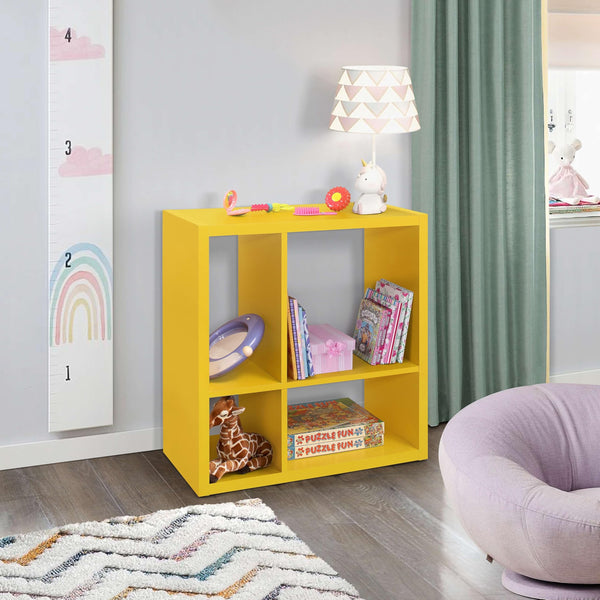 4-Cube Open Bookcase Kids Toy Storage Shelf Organizer (Yellow) Orange Wood