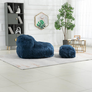 Bean Bag Chair Fur Lazy Sofa with Ottoman Navy Blue Solid Modern Contemporary Foam Includes Hardware Padded Seat