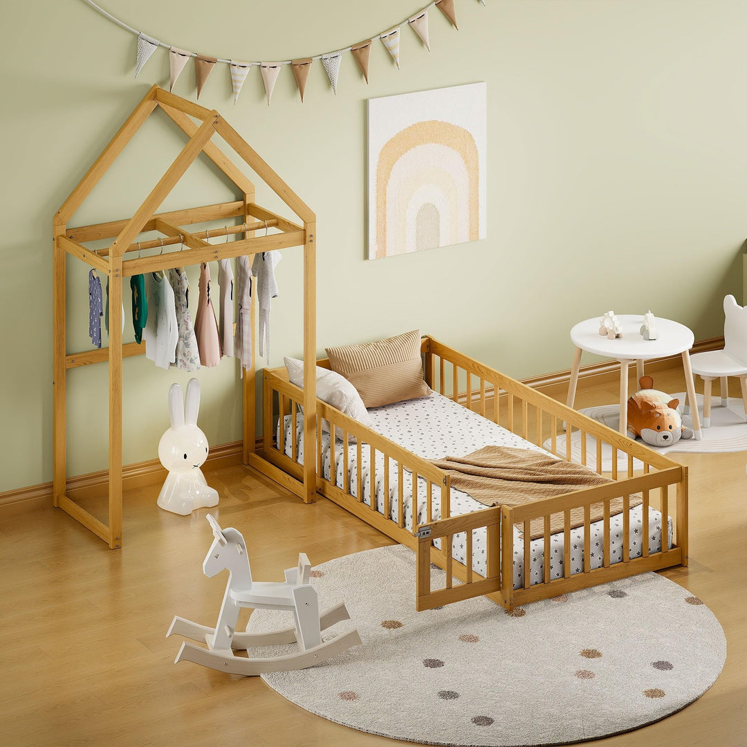 Twin Kids Wooden Floor Bed with Integrated Clothes Drying Rack Natural