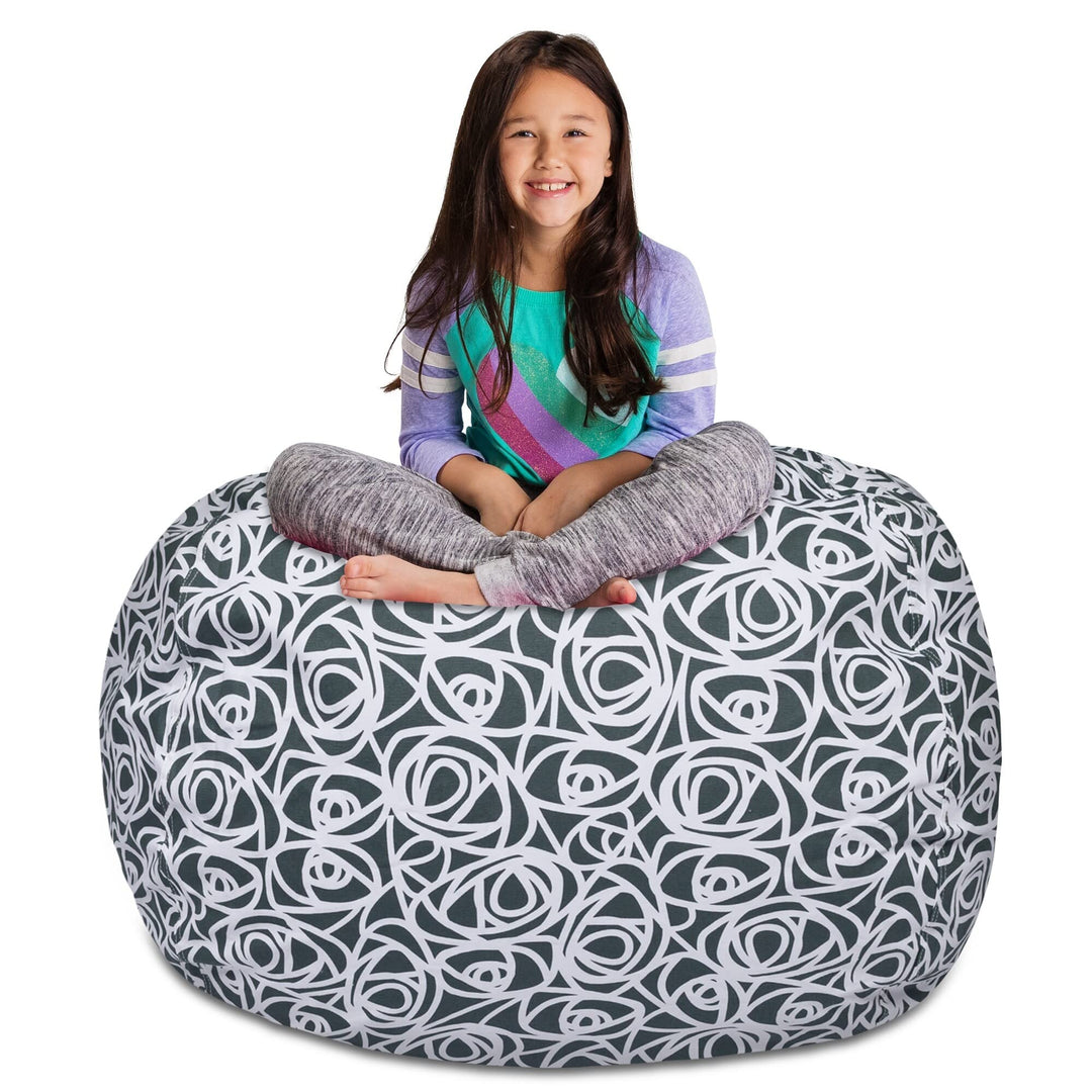 Posh Creations Kids Stuffed Animal Storage Bean Bag Chair Cover - Childrens Toy Organizer, Large-38in, Canvas Roses Gray