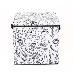 Kid's Coloring Storage Cube with Lid (Includes 4 Pack of Washable Markers) Jungle Print Multi Color Fabric