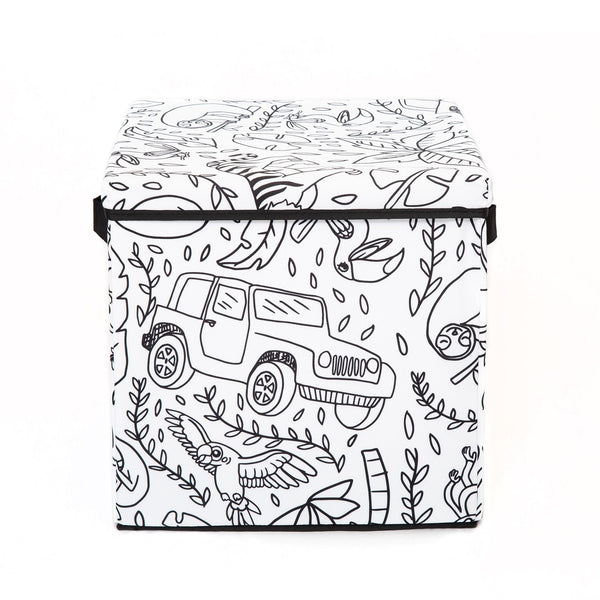 Kid's Coloring Storage Cube with Lid (Includes 4 Pack of Washable Markers) Jungle Print Multi Color Fabric