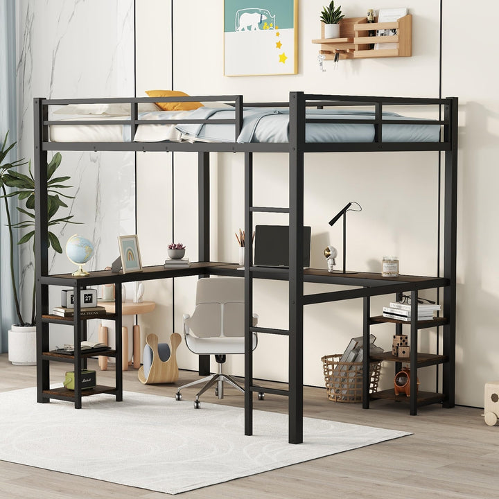 Loft Bed Frame with Ladder Guardrails Metal L-Shaped Brown Desk