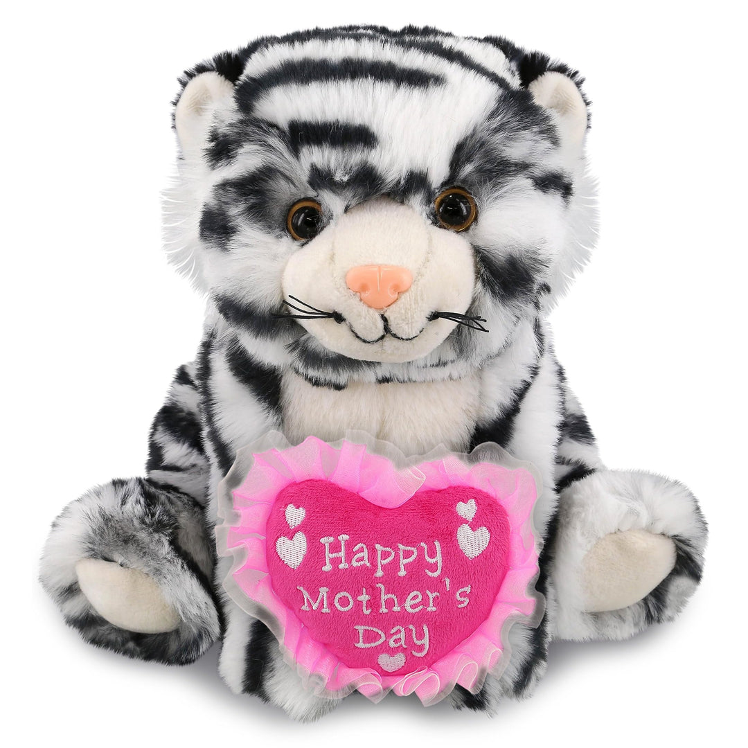 Plush Squat White Tiger with Pink Heart 8 Inches Black Polyester