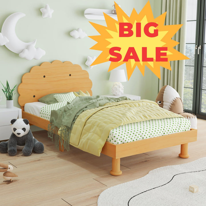 Twin Size Platform Bed Kids Cookie-Shaped Frame for Boys Girls Walnut Cookie Shape Design Cute Brown Mid-Century Modern Wood