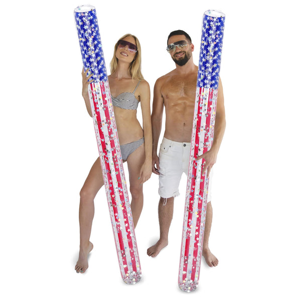 2 Pack Inflatable USA Flag Jumbo Pool Noodle Floats with Confetti 74 Inches Blue Red White Plastic