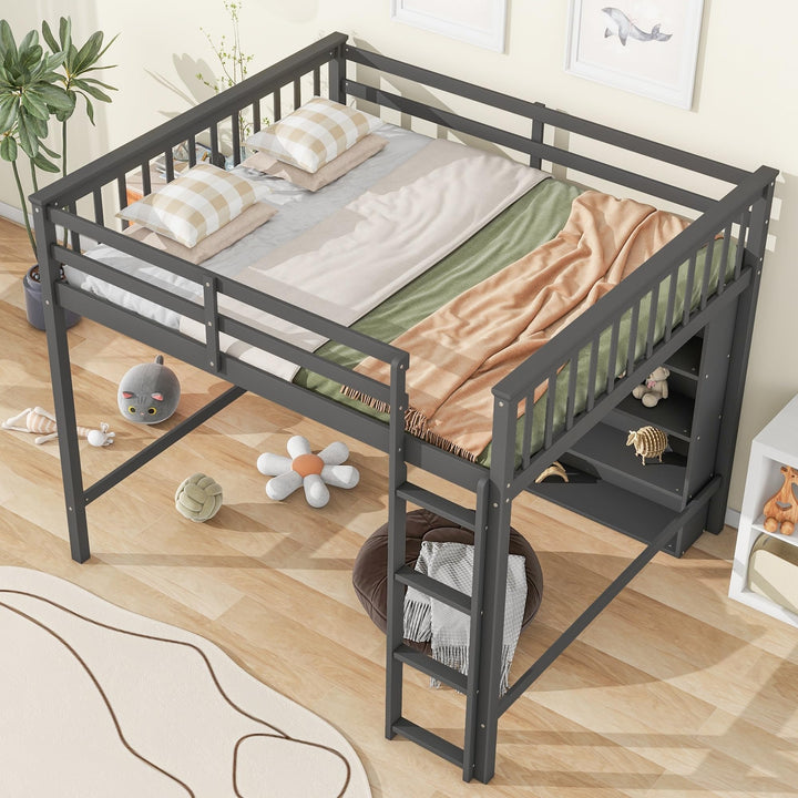 Gray Wooden Full High Loft Bed with 8 Open Storage Shelves Built-in