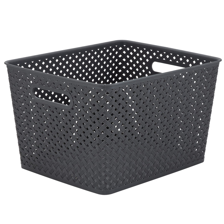 Simplify Large Resin Wicker Tote | Storage Bin | Plastic Organizer | Carrying Handles | Bathroom | Pantry | Accessories | Toys | Grey