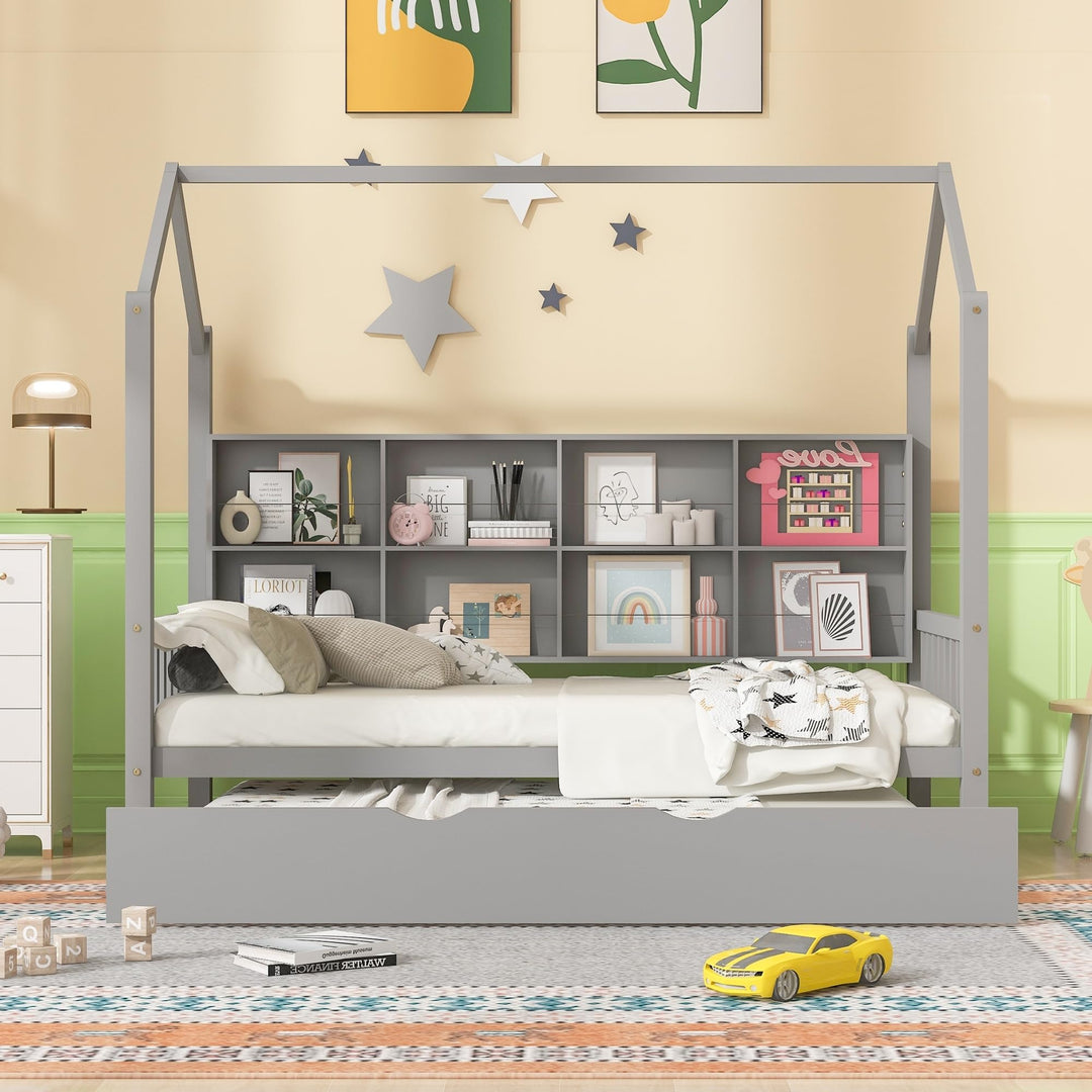 Wooden Twin Size House Bed with Trundlekids Shelf for Bedroom White