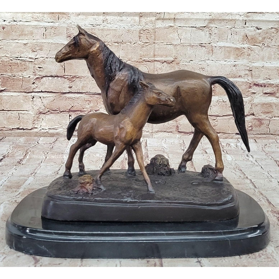 Bronze Sculpture Figurine W/Her Baby Horse Stallion Farm Art Brown Finish Handmade
