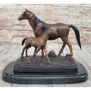 Bronze Sculpture Figurine W/Her Baby Horse Stallion Farm Art Brown Finish Handmade