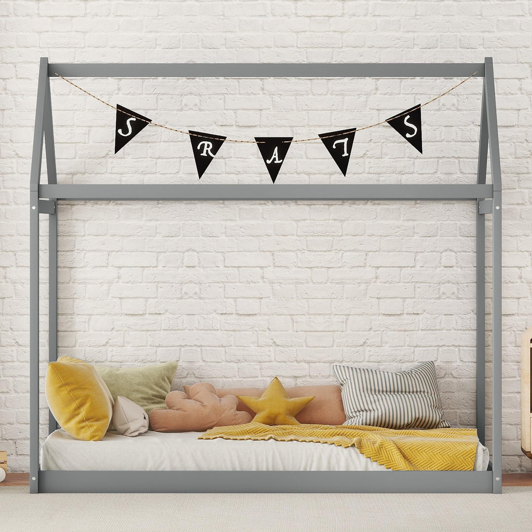 Twin Size Wood House Floor Bed Wooden Frame with Roof Playhouse for Kids Teens Boys Or Girls Grey Modern Contemporary Rustic Unisex Nature Space Pine