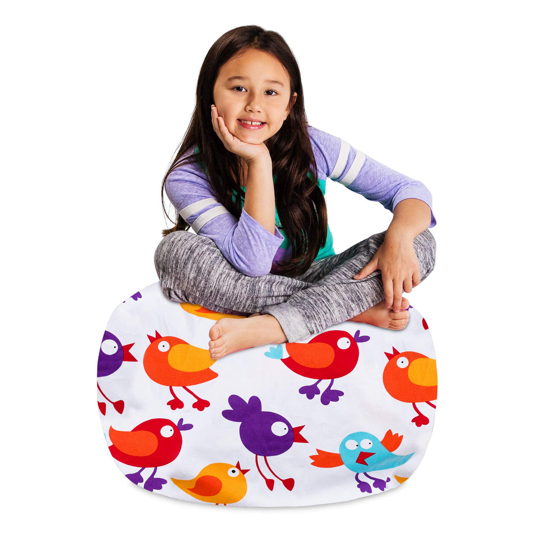 Posh Creations Stuffable Kids Stuffed Animal Storage Bean Bag Chair Cover - Childrens Toy Organizer Medium 27" - Canvas Birds on White