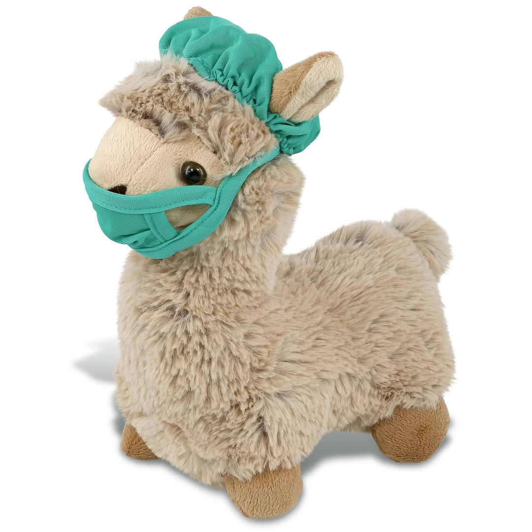 Beige Llama Doctor Plush Toy Cute Scrub Uniform and Cap Outfit 11 Inches Green Polyester