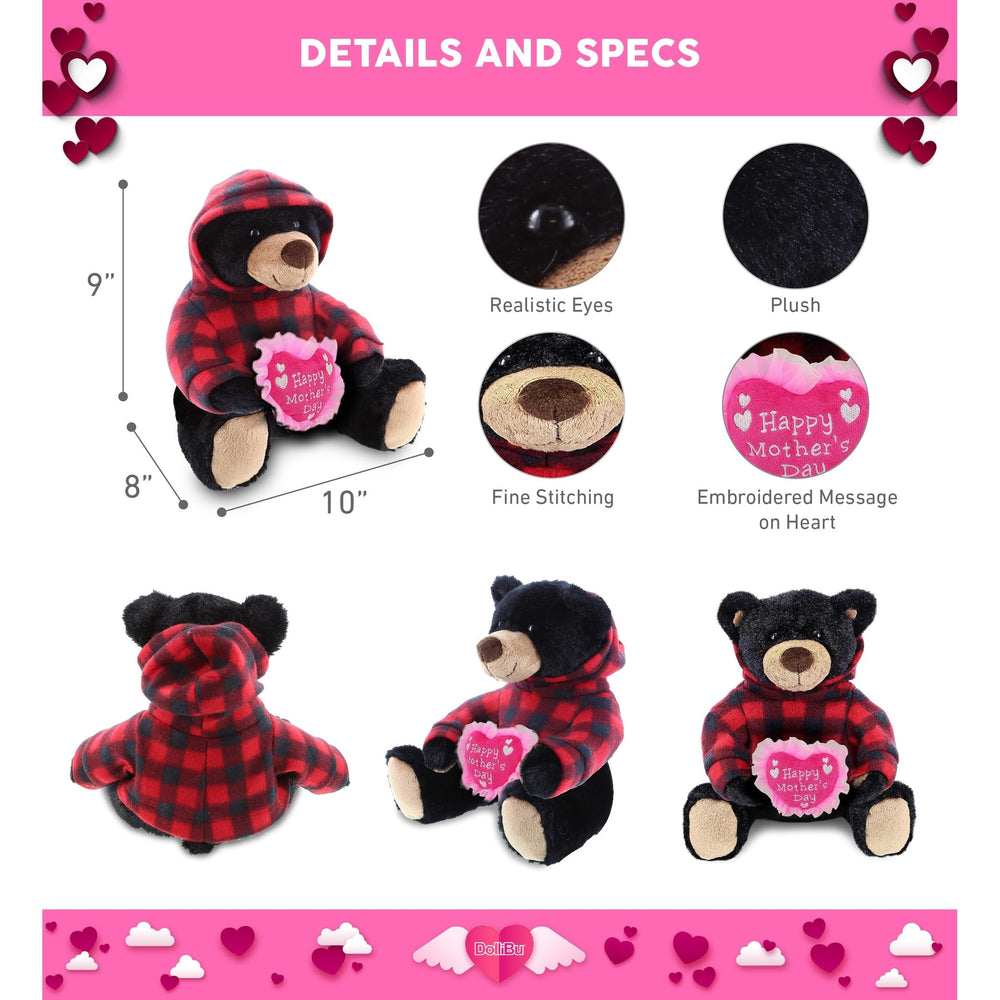 Soft Plush Black Bear with Red Plaid Hoodie 10 Inches Pink Polyester