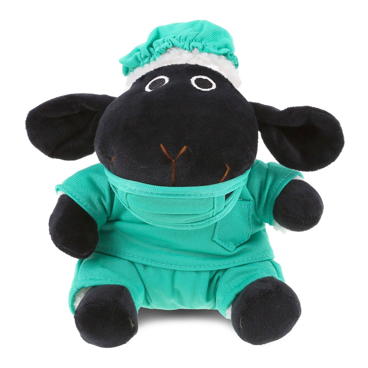 Black Nose Sheep Doctor Plush Toy with Scrub Uniform and Cap 6 Inches Green Polyester