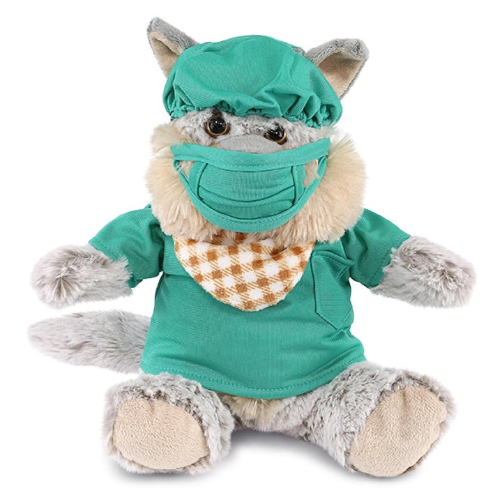 Sitting Wolf Doctor Plush Toy with Cute Scrub Uniform and Cap 9 Inches Brown Green Grey Polyester