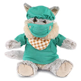 Sitting Wolf Doctor Plush Toy with Cute Scrub Uniform and Cap 9 Inches Brown Green Grey Polyester