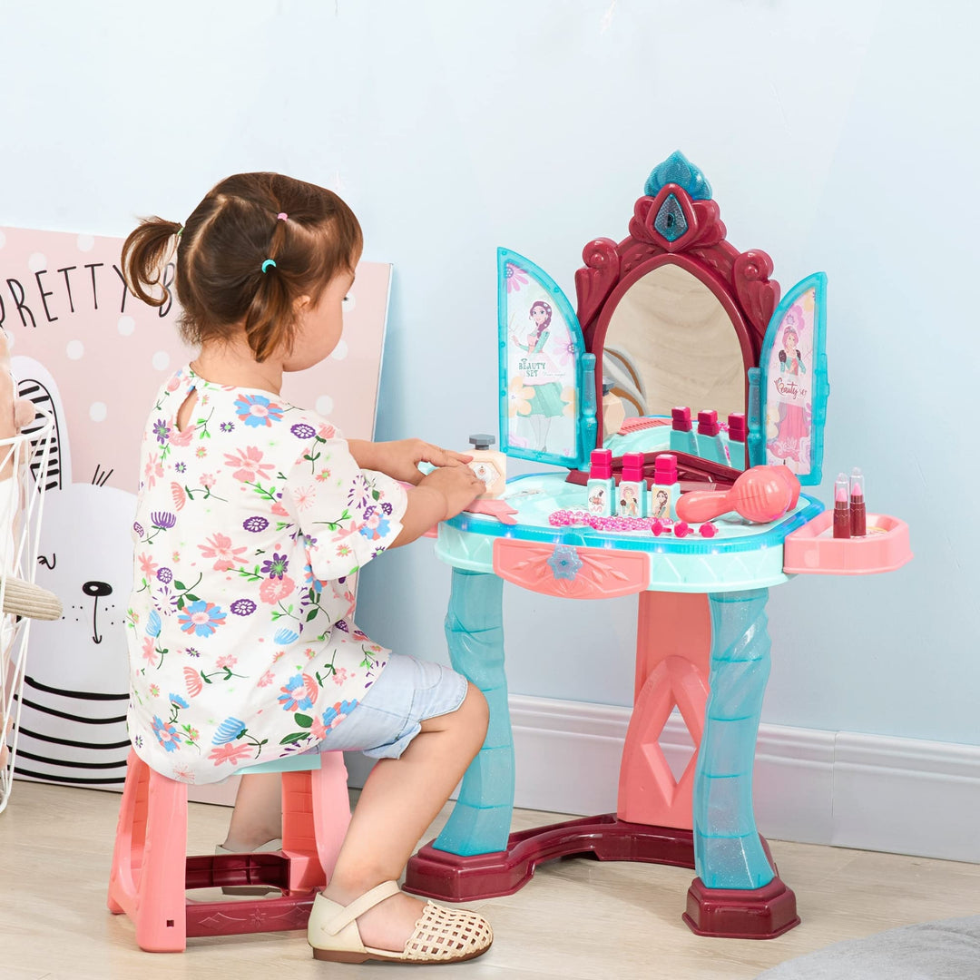 Self-Opening Mirror Design Kids Vanity Makeup Table Set with Chair and 31-Piece Collection Blue Plastic