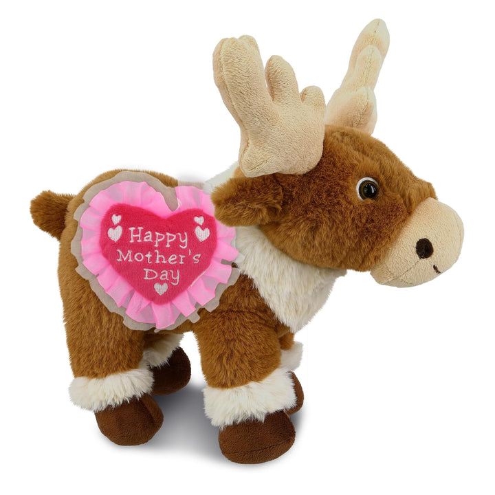 Plush Standing Reindeer with Pink Heart 11 Inches Brown Polyester