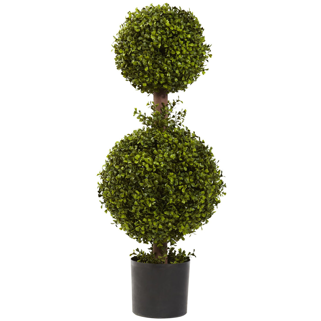 Nearly Natural 35IN Artificial Double Boxwood Topiary Ball Tree, Fake Topiary Plant for Indoor Home Décor in Black Nursery Planter