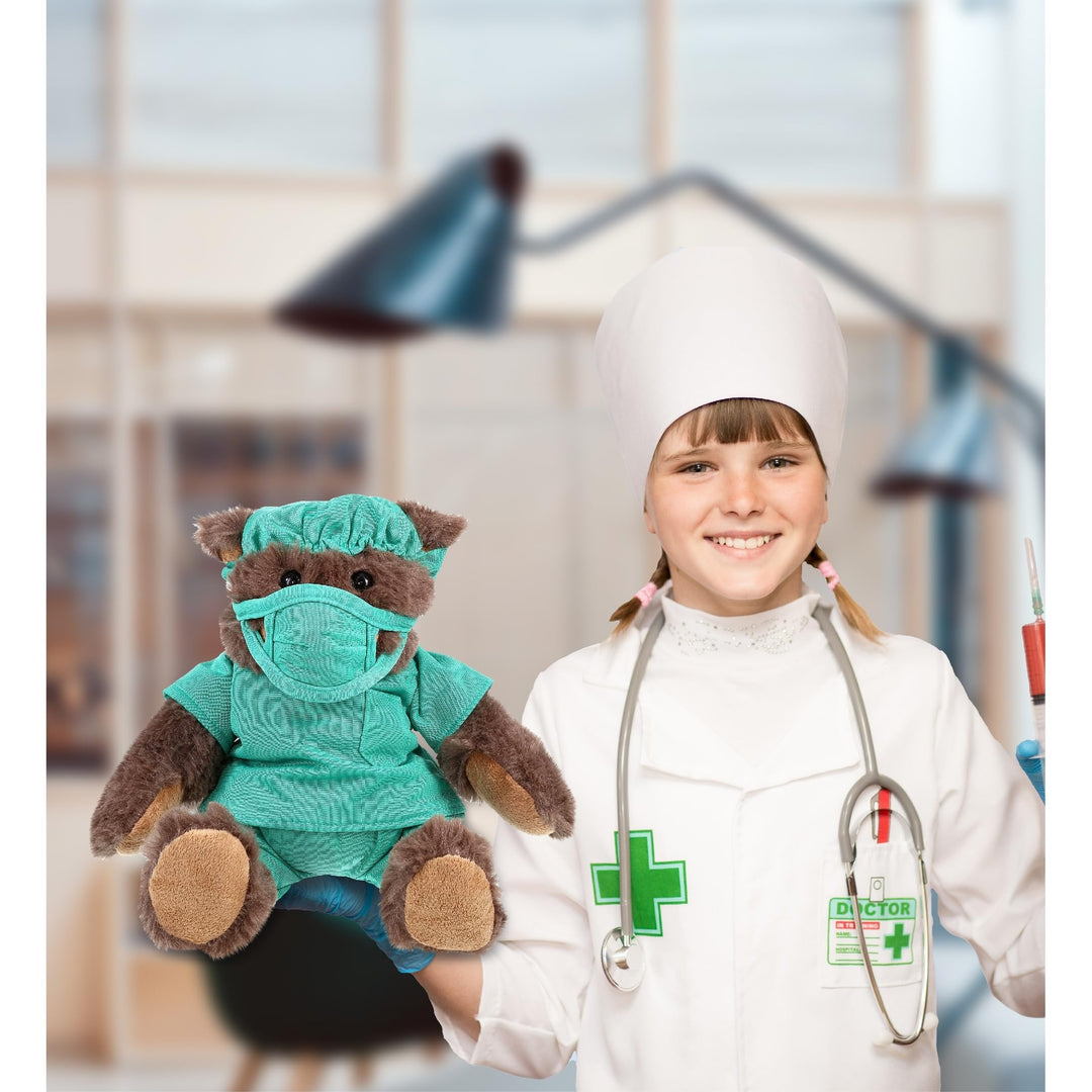 Brown Bear Doctor Plush Toy with Scrub Uniform and Cap Outfit 10