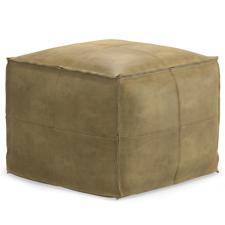 SIMPLIHOME Sheffield 18 Inch Boho Square Pouf in Distressed Sandcastle Genuine Leather, For the Living Room, Bedroom and Kids Room