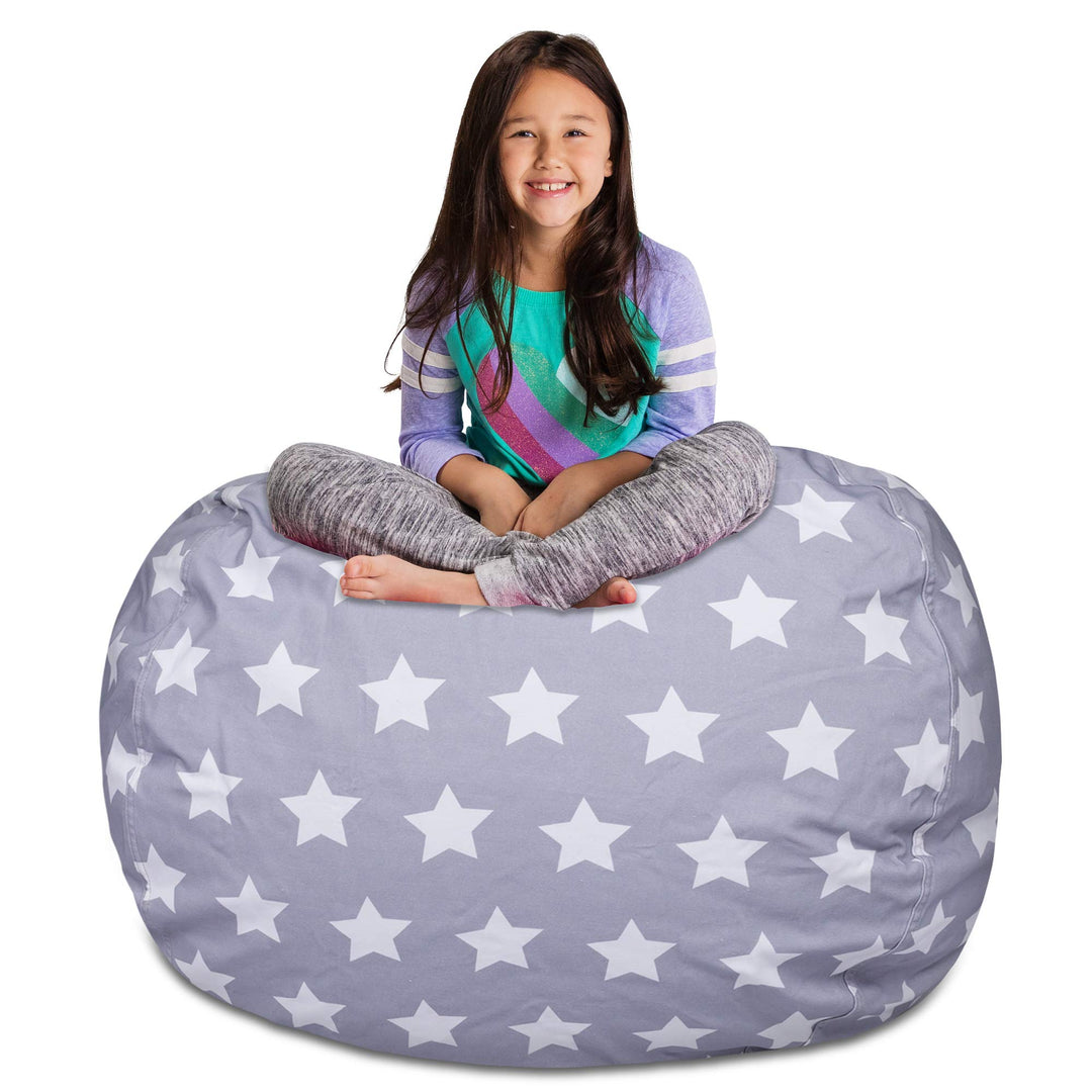 Posh Creations Kids Stuffed Animal Storage Bean Bag Chair Cover - Childrens Toy Organizer, X-Large-48in, Canvas White Stars on Gray