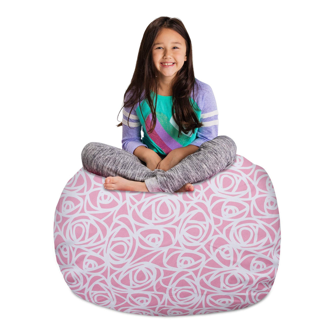 Posh Creations Kids Stuffed Animal Storage Bean Bag Chair Cover - Childrens Toy Organizer, Large-38in, Canvas Roses Pink