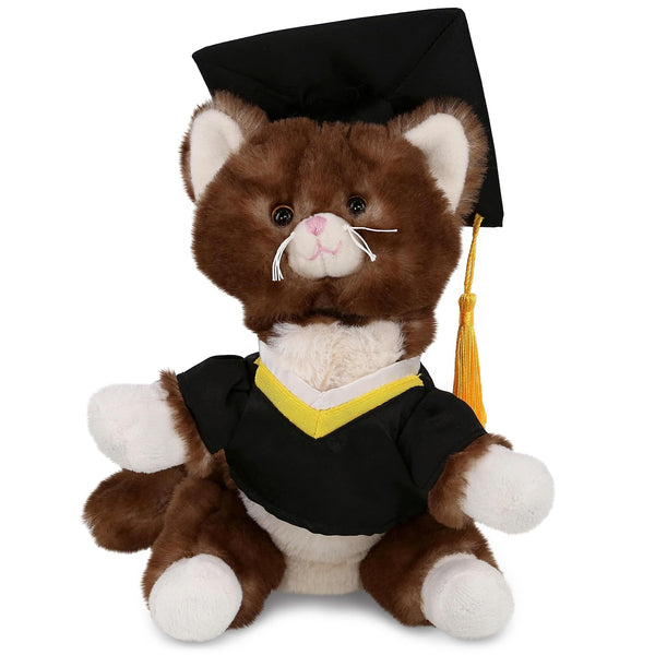 Brown Cat Graduation Plush Toy with Gown and Cap Tassel 7 Inches White Polyester