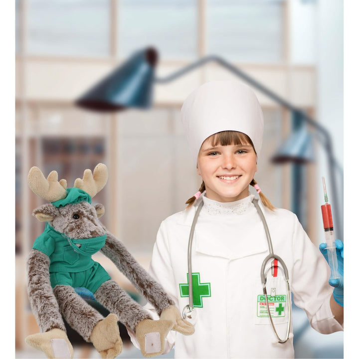 Long Arms Moose Doctor Plush Toy with Cute Scrub Uniform Cap 21 Inches