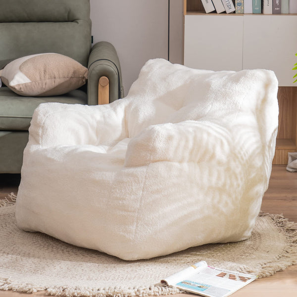 Soft Tufted Foam Bean Bag Chair with Teddy Fabric Ivory White Modern Contemporary Certified