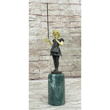 Girl Child Fishing Bronze Metal Statue Sculpture Figure On Marble Base