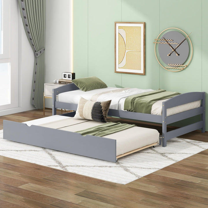 Modern Simple Twin Size Platform Bed with Trundle Wood Frame for