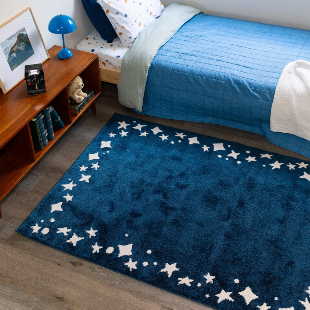 BALTA Mod-Tod Stars Border Kids Area Rug Navy 5'3" x 7' 5' x 8' Navy, Ivory, Cream